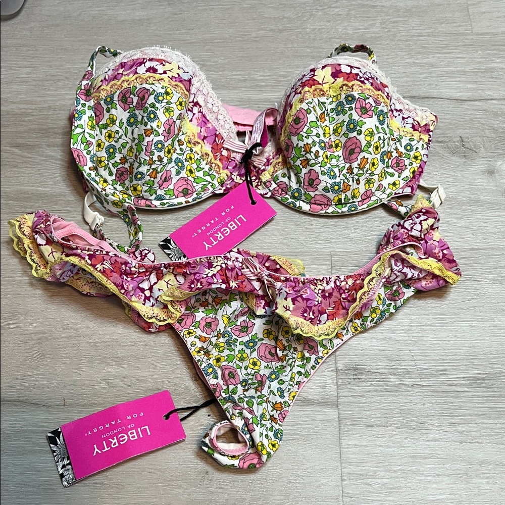 Liberty Floral Lace Trim Bra Set - Pink and Yellow